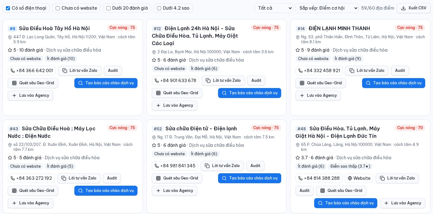Danh sách khách tiềm năng Local SEO chấm điểm cơ hội Cực nóng/Tiềm năng, lọc chưa có website, ít đánh giá, kèm nút Lời tư vấn Zalo, Audit, Quét sâu Geo-Grid, Tạo báo cáo chào dịch vụ và Xuất CSV