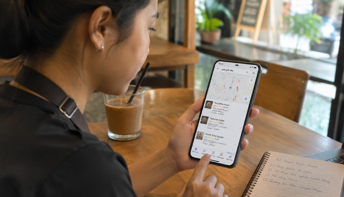 Chủ quán cà phê xem kết quả tìm kiếm Google Maps gần đây trên điện thoại