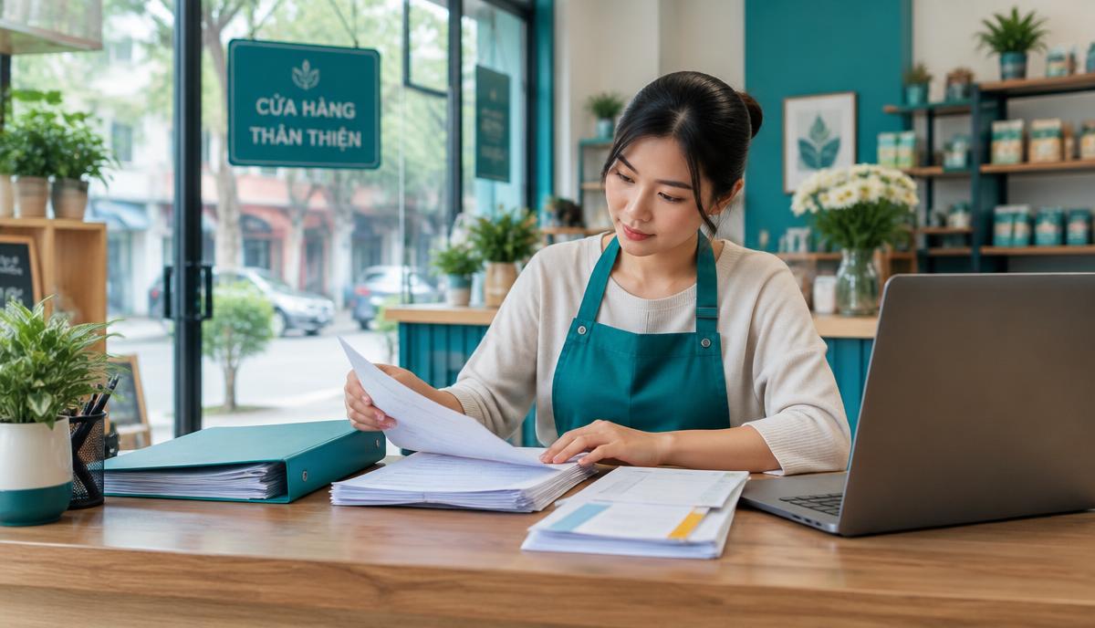 Minh họa chủ cơ sở chuẩn bị tài liệu kinh doanh để đối chiếu thông tin hồ sơ